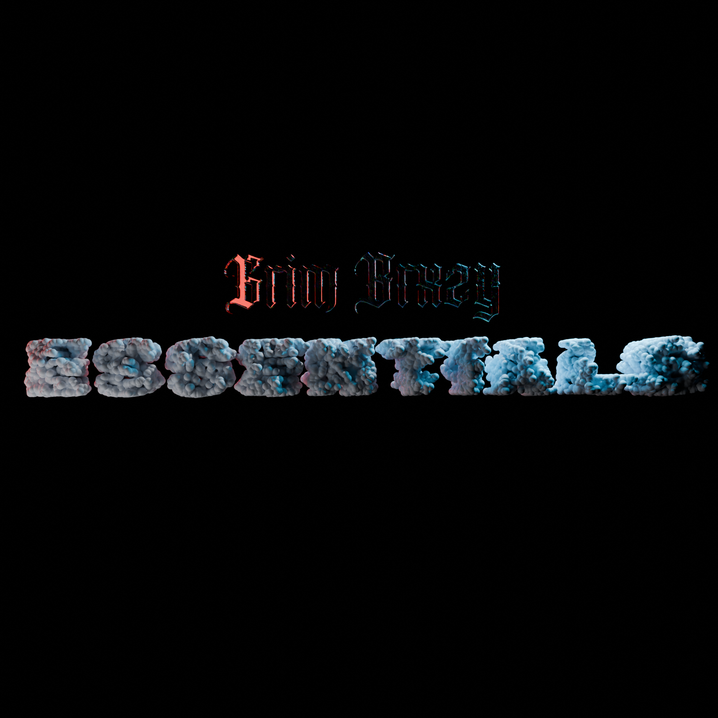 3D icy stone 'Essentials' text with Grim Brxzy signature on a black background for the Essentials Drum Kit.