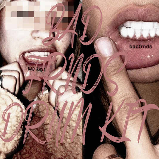 Close-up collage of pixelated face and mouth with 'Bad Frnds Drum Kit' text overlay.