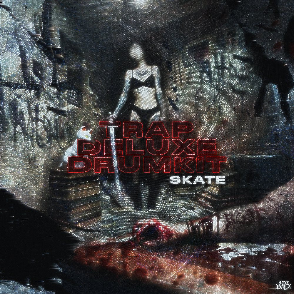 Cover art for Trap Deluxe Drum Kit featuring dark graffiti and a silhouette figure